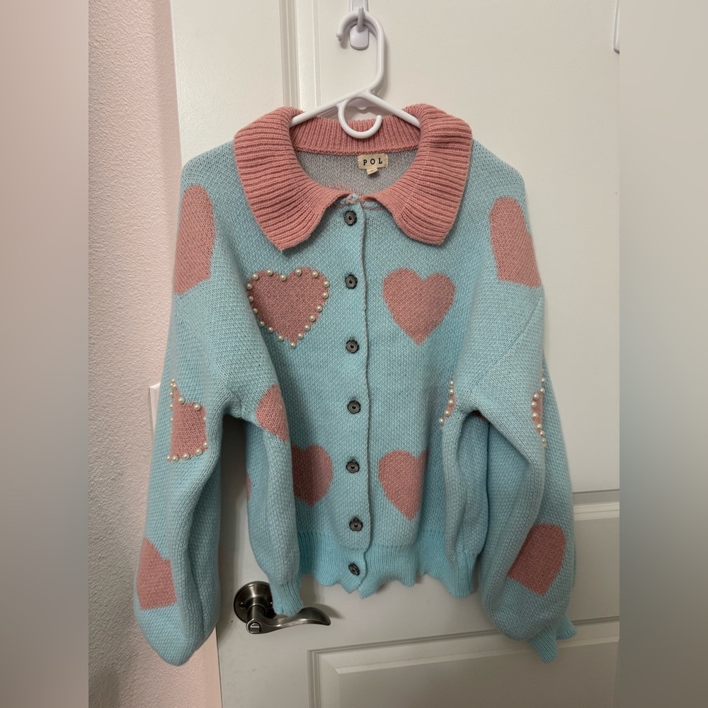 POL Heart pattern with faux pearl cardigan sweater - Picture 5 of 7